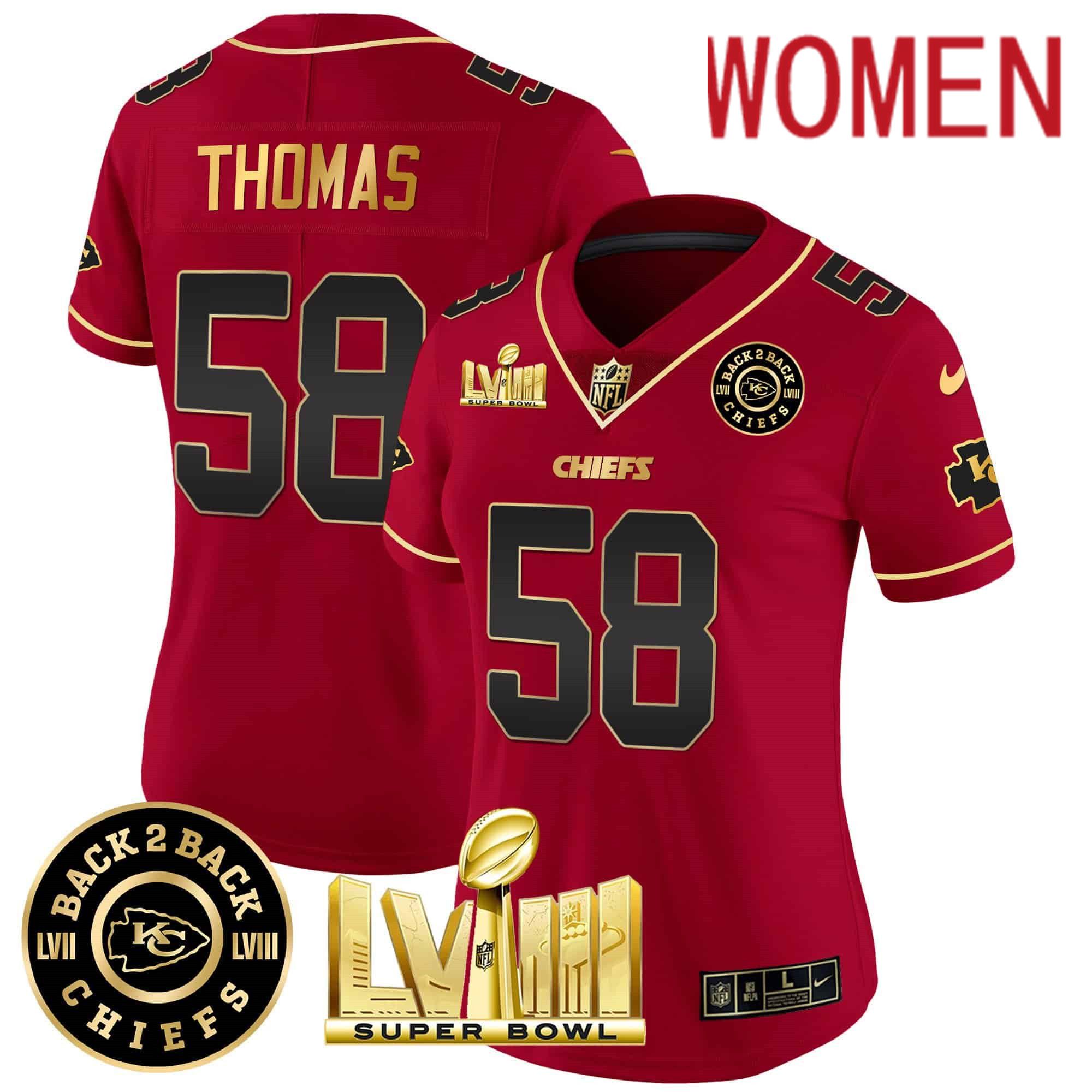 Women Kansas City Chiefs 58 Thomas Red 2024 Nike Super Bowl LVIII & Back 2 Back Patch Vapor NFL Jersey style 2